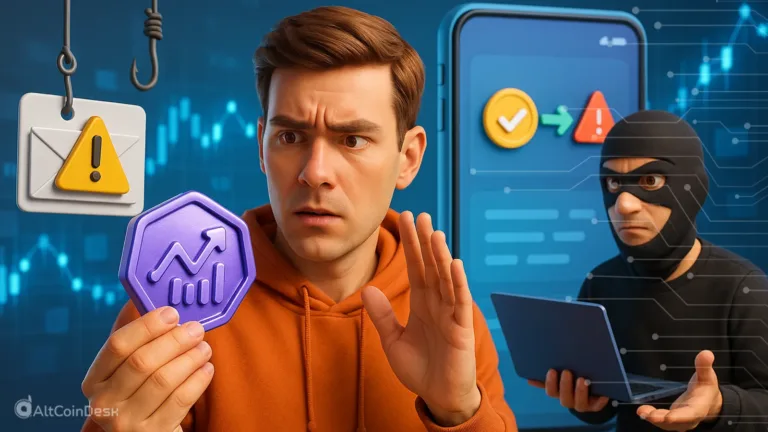 A man looks worried at a suspicious crypto token as a hacker lurks behind with a laptop, illustrating crypto scams of 2025 and digital fraud risks.