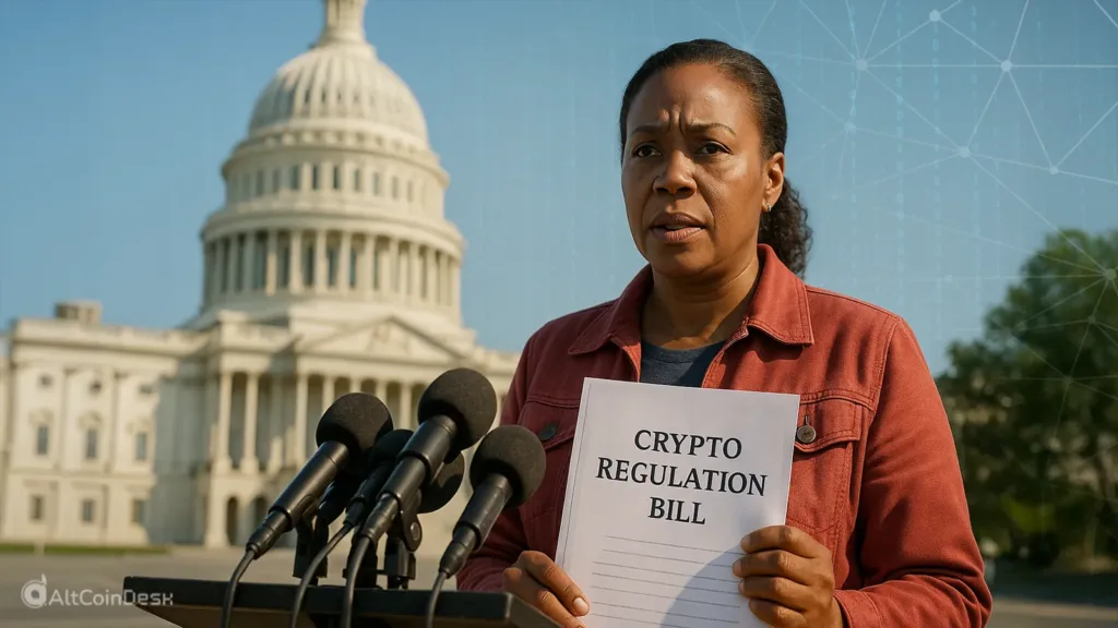 Woman holds a “Crypto Regulation Bill” document outside the Capitol during a Senate crypto bill press conference
