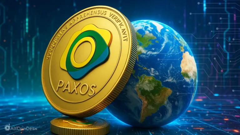 Golden Paxos coin standing beside Earth, symbolizing Paxos’ global presence in digital finance and blockchain technology