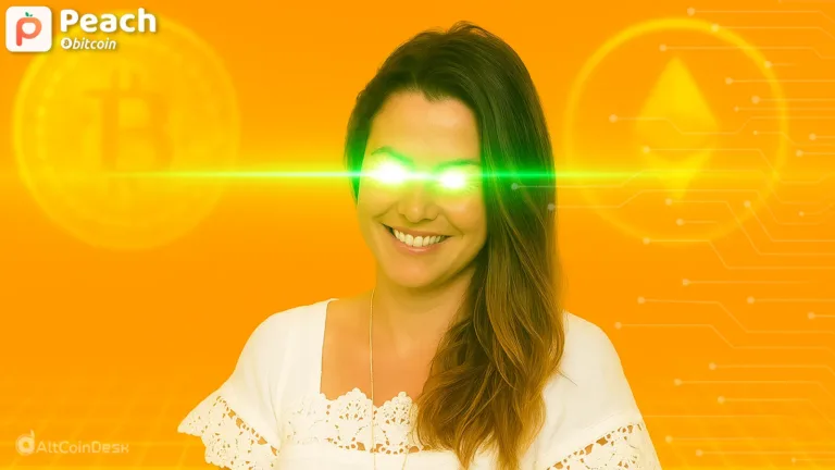 Peach Bitcoin CEO smiling confidently with Bitcoin and Ethereum symbols in the background, representing her crypto journey and vision