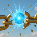 Quantum threat to blockchain symbolized by a glowing sphere breaking a golden chain