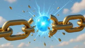 Quantum threat to blockchain symbolized by a glowing sphere breaking a golden chain