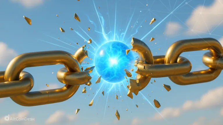 Quantum threat to blockchain symbolized by a glowing sphere breaking a golden chain