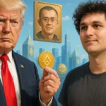 Donald Trump and Sam Bankman-Fried amid crypto symbols, linked to Sam Bankman-Fried’s pardon