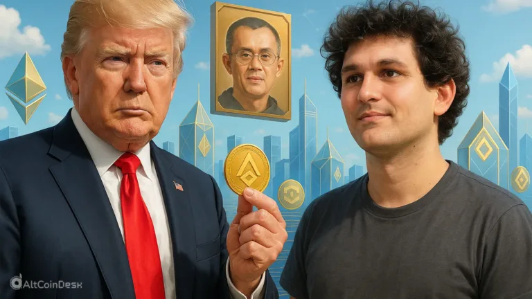 Donald Trump and Sam Bankman-Fried amid crypto symbols, linked to Sam Bankman-Fried’s pardon