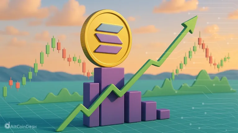 Solana price rises above chart bars with a green upward arrow, symbolizing momentum and recovery in Solana’s market trend.