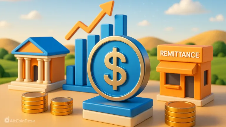 Western Union stablecoin illustration with dollar coin and remittance shop