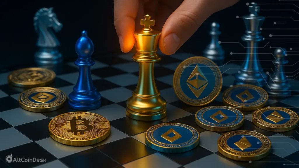 Golden chess king surrounded by Bitcoin and Ethereum coins on a chessboard, symbolizing dominance among the most expensive tokens in crypto