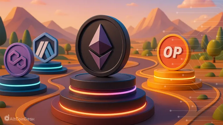 Ethereum, Polygon, and Optimism coins illustrating the Top 7 Layer 2 projects by market cap
