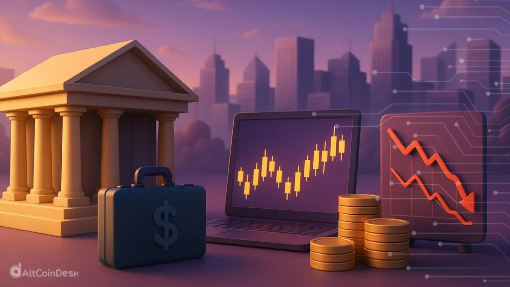 Illustration representing U.S. government BTC holders with a government building, rising crypto chart, coins, and a market decline graph
