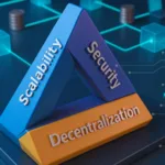 3D triangle showing scalability, security, and decentralization, visually explaining what is blockchain trilemma