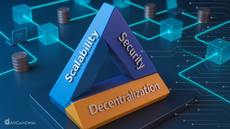 3D triangle showing scalability, security, and decentralization, visually explaining what is blockchain trilemma