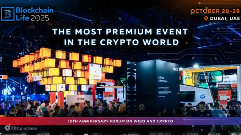 Exhibition hall at Blockchain Life Forum 2025 in Dubai, showcasing crypto companies and Web3 innovations