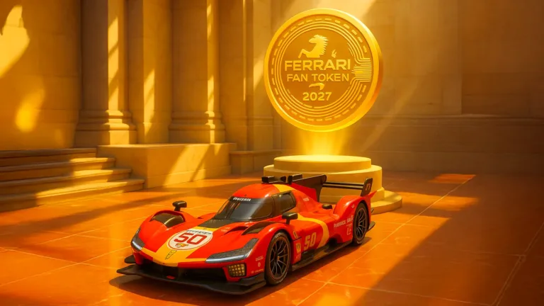 Ferrari 499P beside golden Ferrari Fan Token, showcasing Ferrari Blockchain innovation