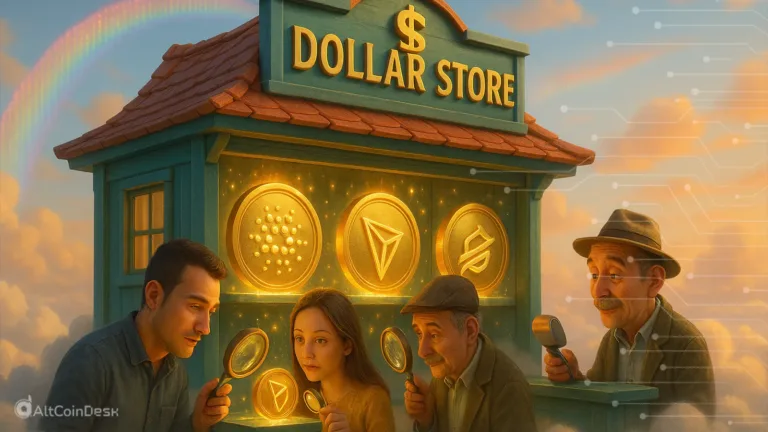 People examining top altcoins under $1 at a glowing dollar-store style crypto display.