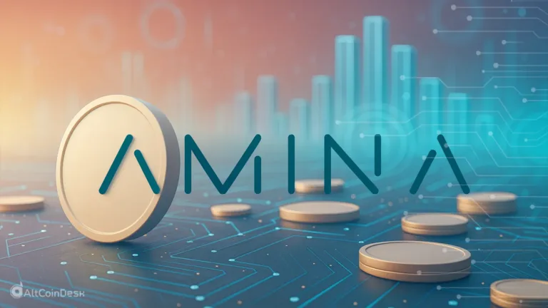 AMINA Bank logo on a digital blockchain background with crypto coins