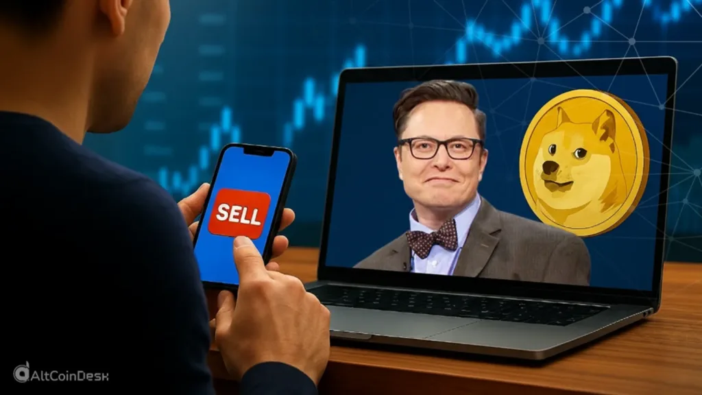Man holding phone with “Sell” watching Elon Musk and Dogecoin, crypto story
