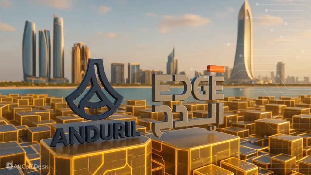 AI-powered drones partnership visual showing Anduril and EDGE Group logos against the Abu Dhabi skyline.