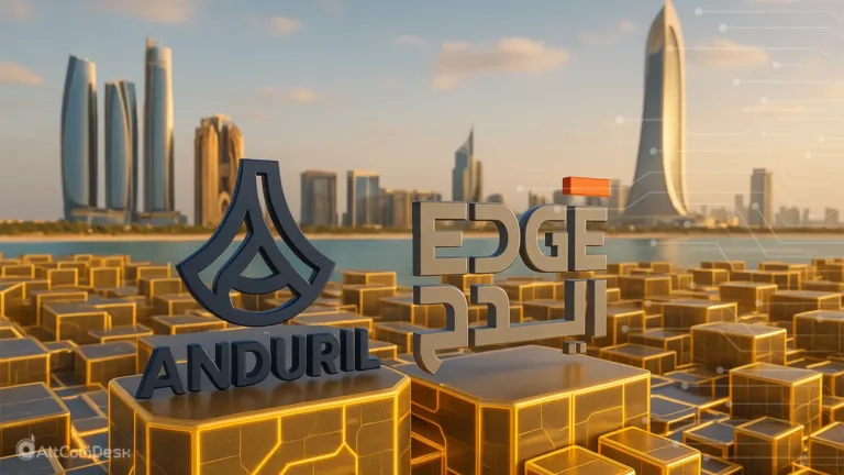 AI-powered drones partnership visual showing Anduril and EDGE Group logos against the Abu Dhabi skyline.