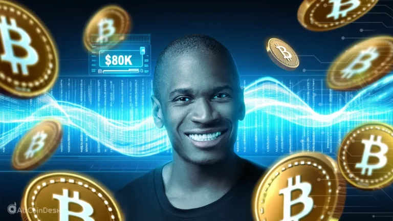 Arthur Hayes smiling with floating Bitcoin coins and an $80K chart, illustrating his Bitcoin prediction.