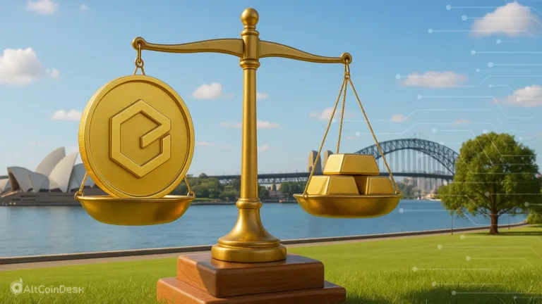 A golden crypto coin and gold bars balanced on scales in Sydney, symbolizing Australia crypto regulation.