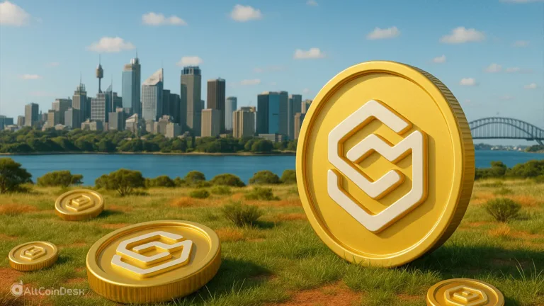 Gold digital tokens symbolizing Australia’s ASIC and tokenization initiatives with Sydney skyline in the background.