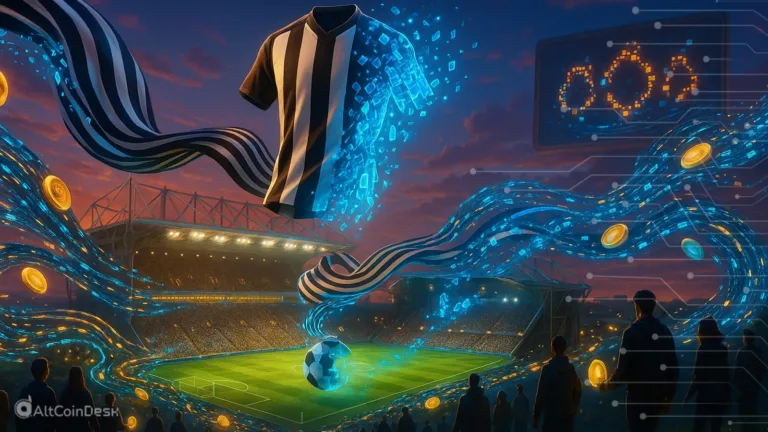 BYDFi partners with Newcastle United visual showing a digital football stadium, crypto elements, and a transforming Newcastle jersey.