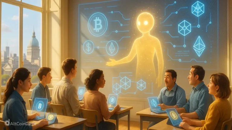 Binance and Buenos Aires crypto education class with people learning digital finance and blockchain concepts through holographic visuals