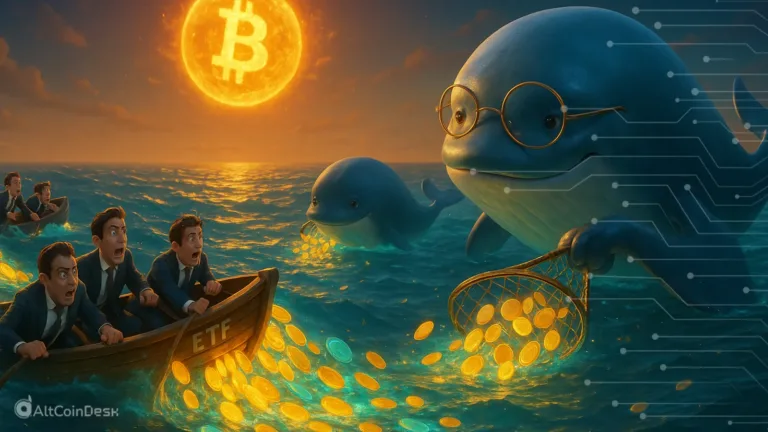 Whales scooping coins as traders panic in a sinking boat labeled Bitcoin ETFs
