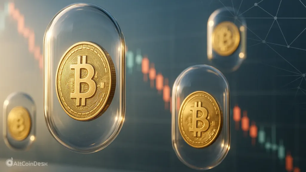 Bitcoin coins in capsules symbolize Capitol Hill targets crypto regulation and digital asset protection.