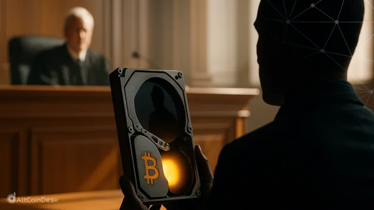Man in court holding hard drive with Bitcoin symbol, depicting Michael Prime Bitcoin claim case.