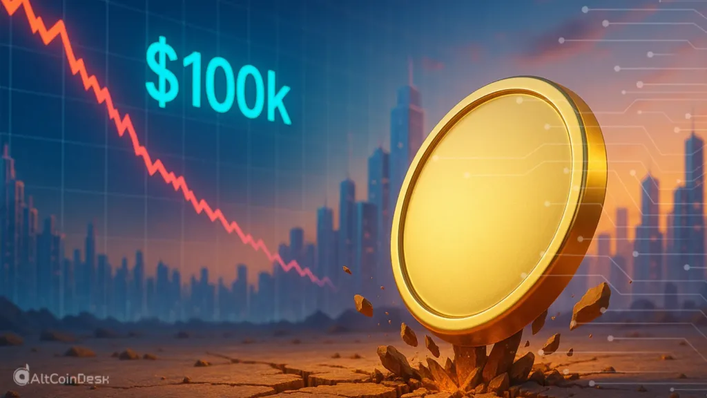 Bitcoin crashes below $100K visual showing a falling price chart and a coin hitting the ground