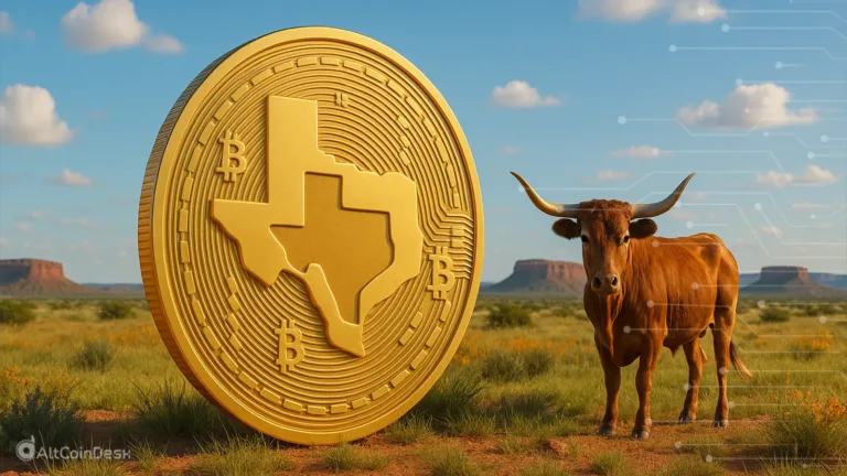 Golden Bitcoin with Texas outline beside a longhorn in the desert, symbolizing Texas Bitcoin exposure