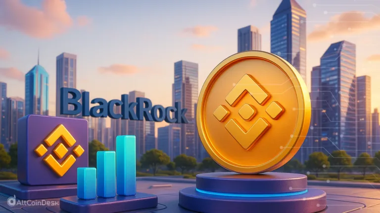BlackRock’s BUIDL illustrated with a Binance coin in front of a city skyline.