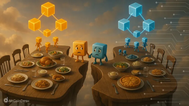 Blockchain forks explained through two divided dinner tables with branching yellow and blue blockchain cubes