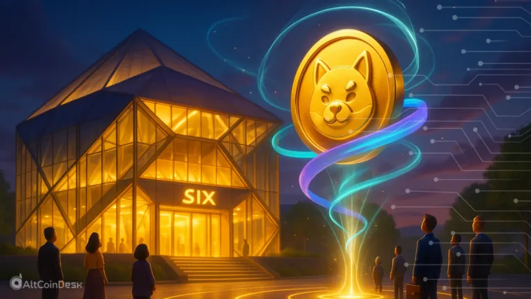Bonk ETP symbol depicted as a bright memecoin floating near the SIX Swiss Exchange