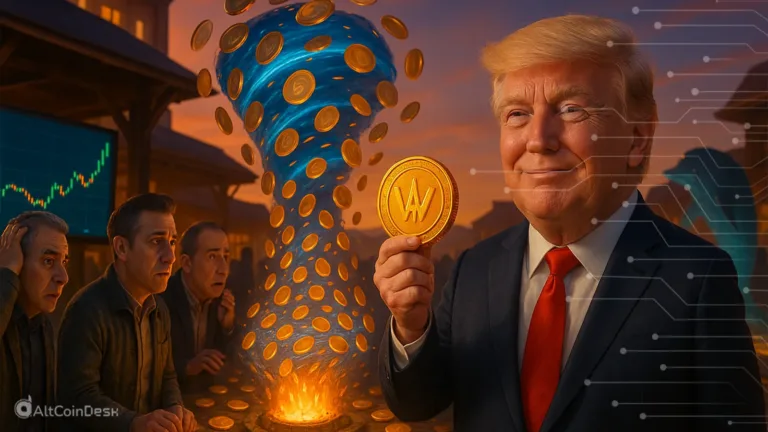 A political figure holding a WLFI coin as tokens swirl into a vortex, symbolizing the WLFI crypto buyback.