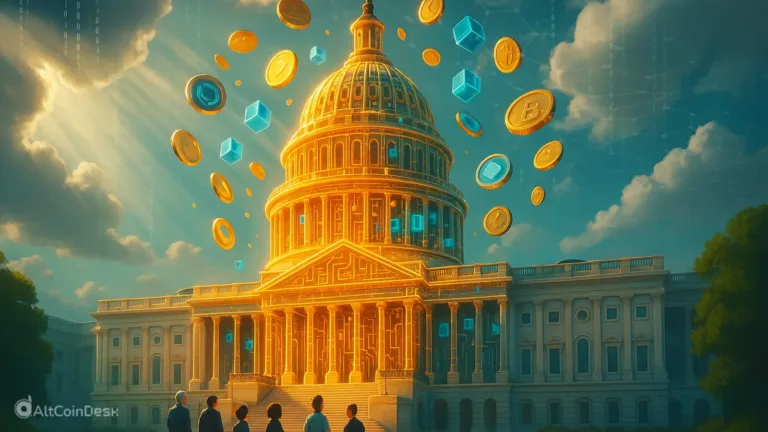 U.S. Capitol building surrounded by digital coins and blockchain symbols, representing Capitol Hill targets crypto regulation
