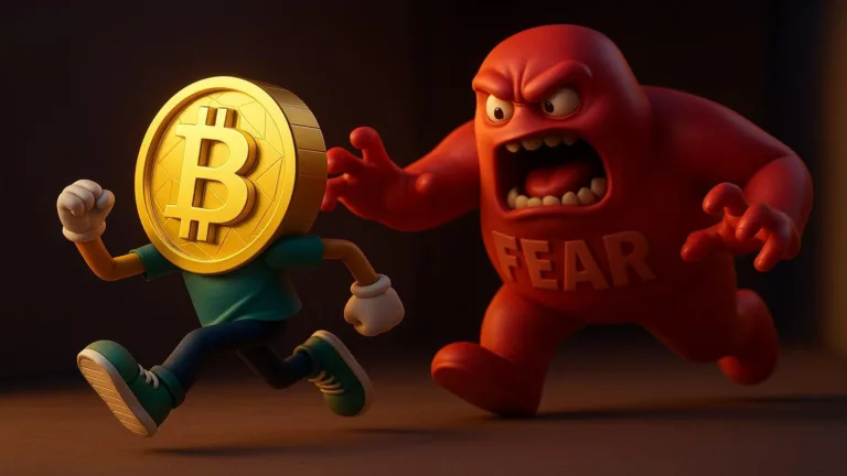 Bitcoin running from fear symbolizing crypto market fear and volatility