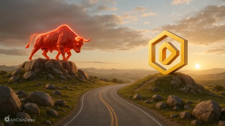 A glowing bull symbolizing the crypto market bull run facing a golden blockchain logo at sunrise.