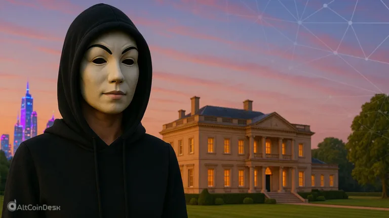 Person in a mask and hoodie stands before a mansion, symbolizing the Cryptoqueen case.