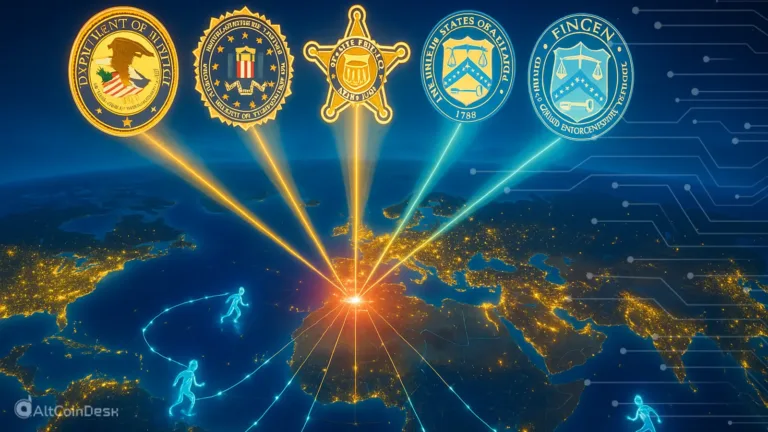 U.S. agencies unite to combat crypto scams with a coordinated global strike force visualization.