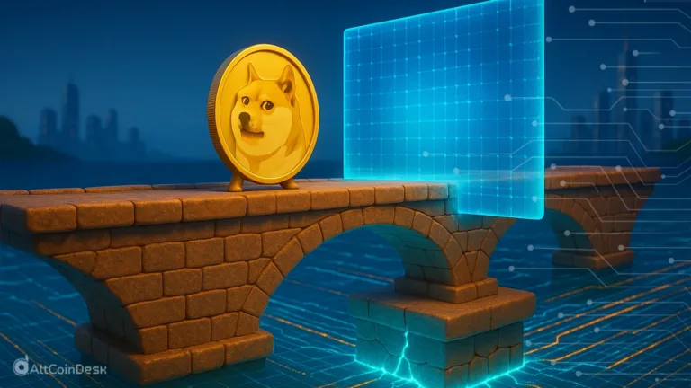 Dogecoin price pressure illustrated by a Doge coin facing a digital resistance wall on a crumbling bridge.