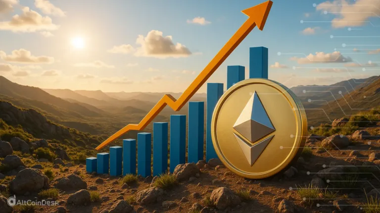 Ethereum defies bearish trend as price chart rises in a mountain landscape.