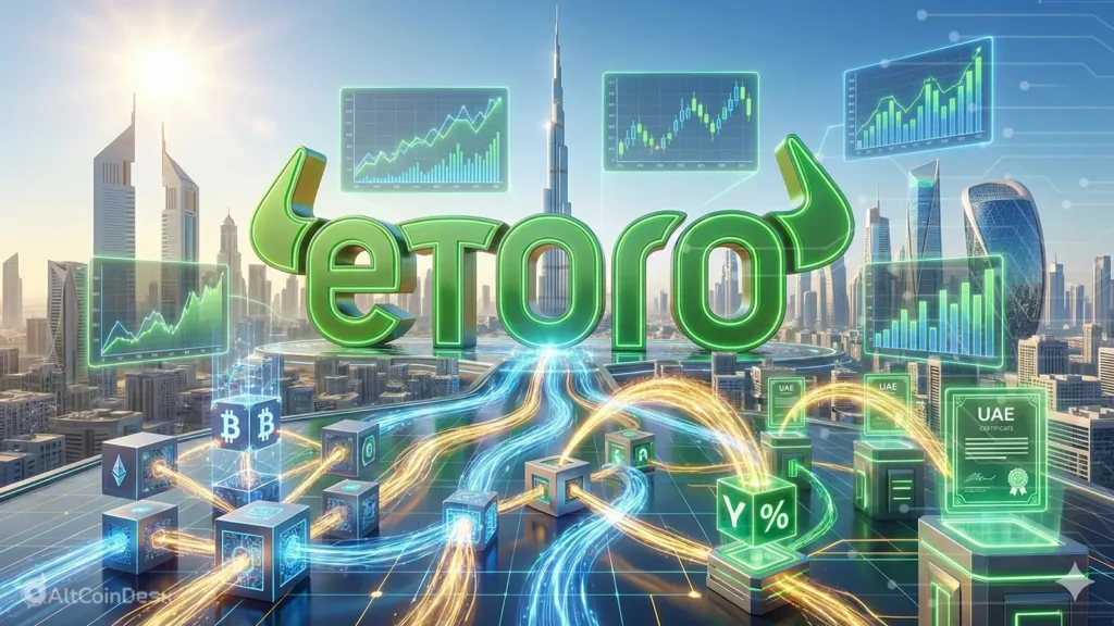 eToro platform visuals showcasing digital assets and UAE markets, illustrating the launch of eToro crypto deposits.