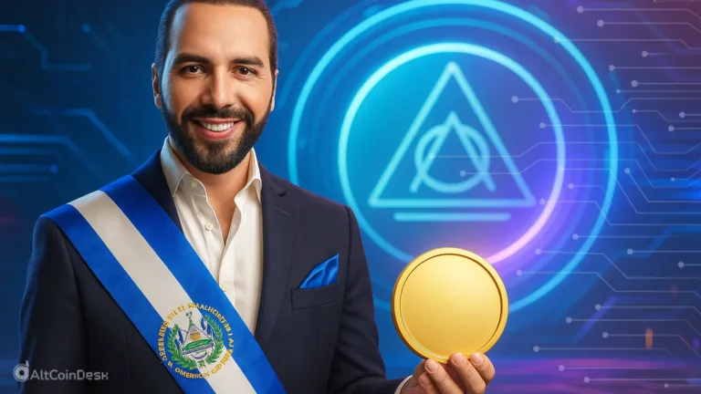 El Salvador 1090 BTC purchase illustrated by a man holding a gold coin with a digital background.