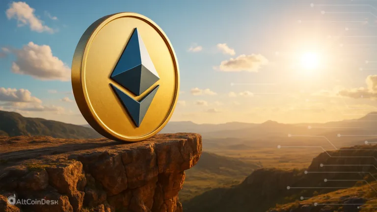 Ethereum 5-month low, showing an Ethereum coin on a cliff at sunset.