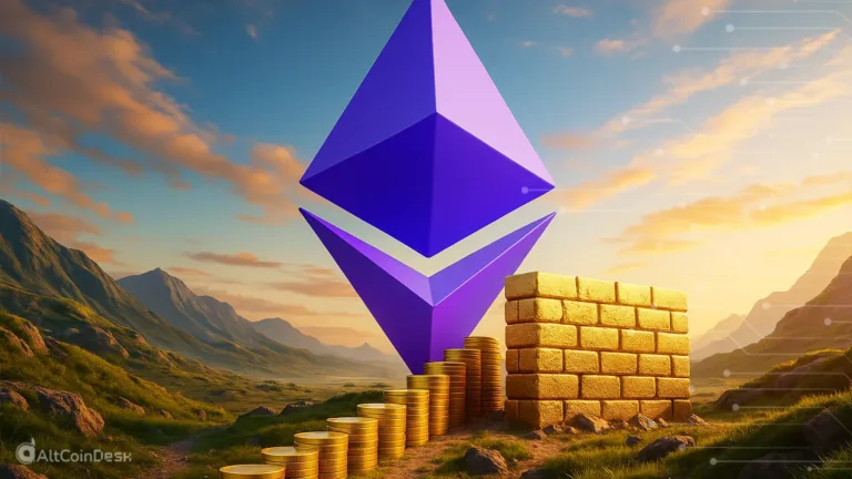 Ethereum symbol rising above stacked coins and a gold barrier in a scenic landscape.