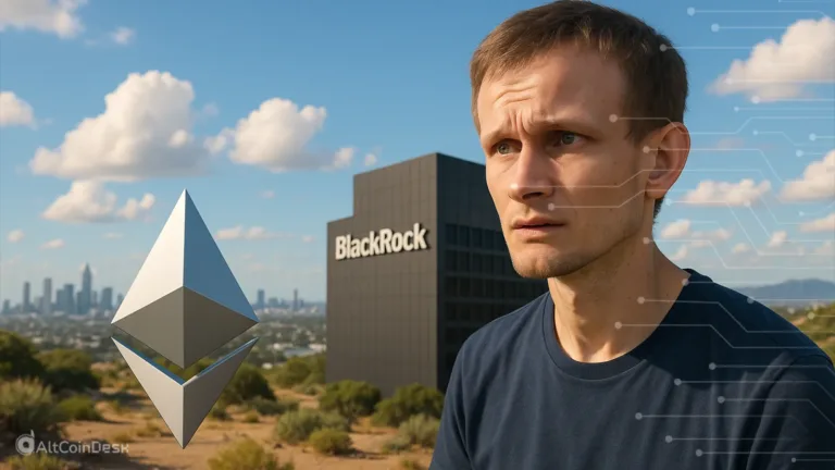 Ethereum faces two major risks illustration showing a concerned man, BlackRock building, and Ethereum logo