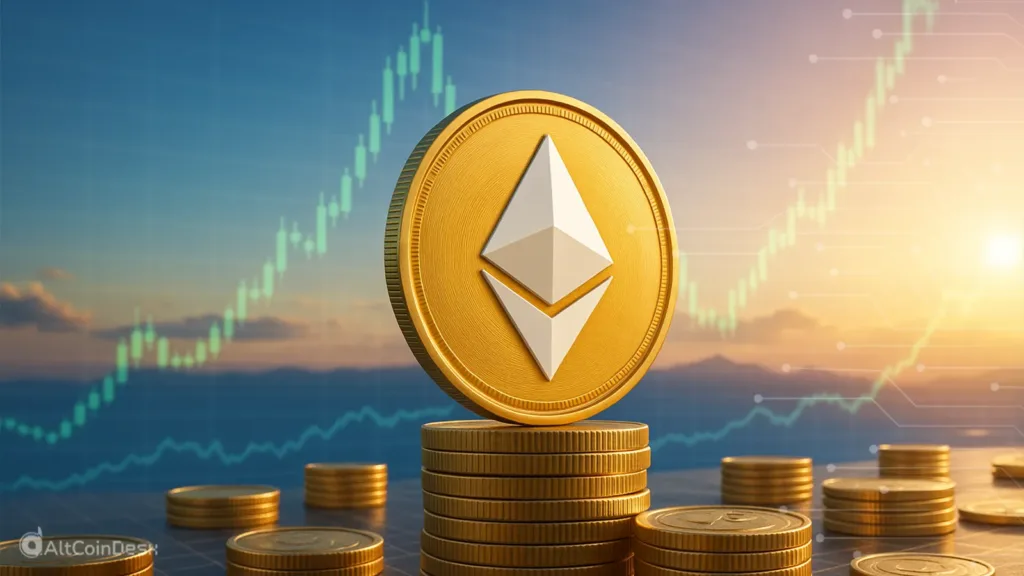 Ethereum coin stacked in front of rising price chart